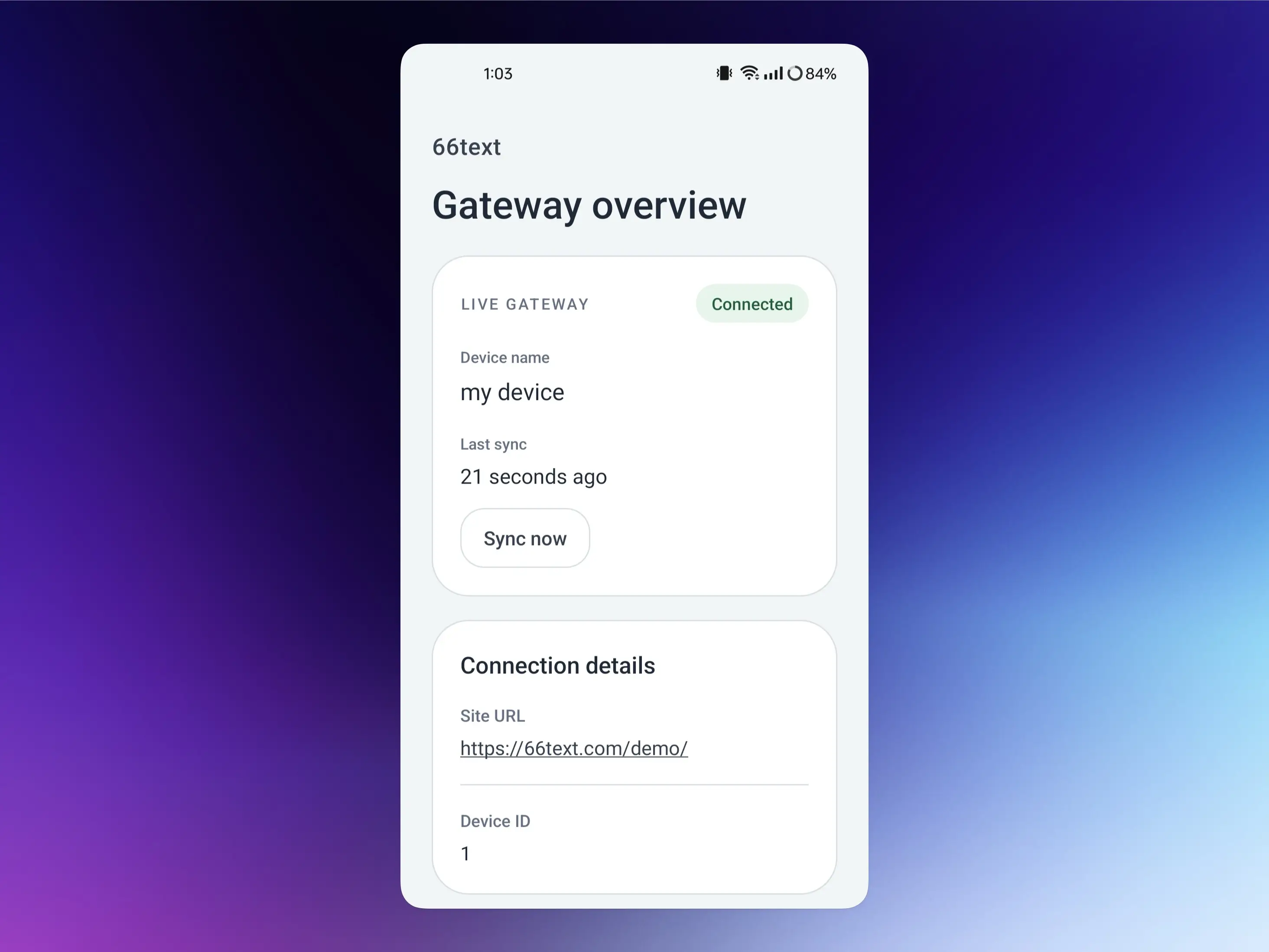 66text android app device screenshot showing the dashboard