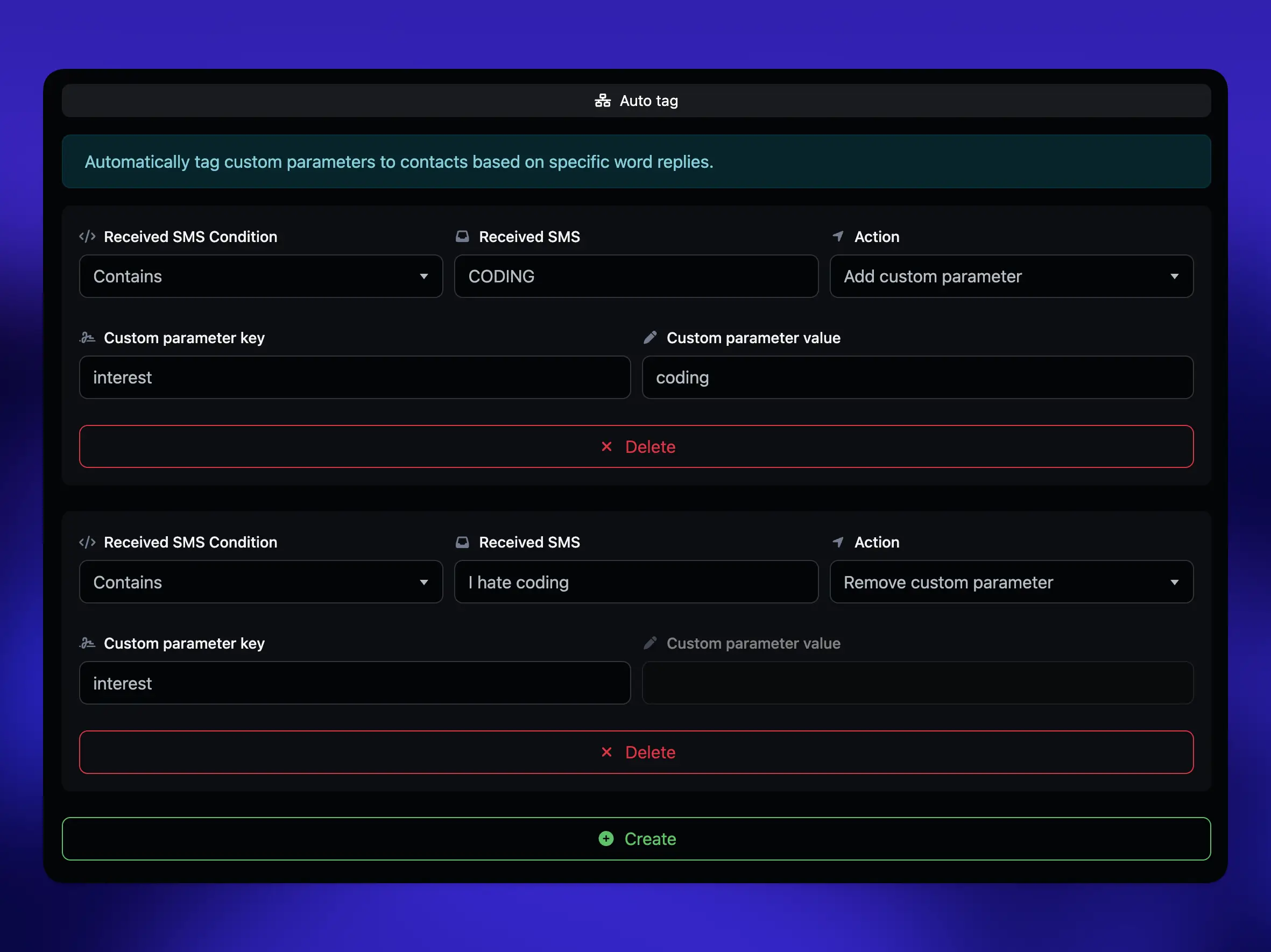 66text device update page showing the Automated tagging feature based on incoming SMS replies