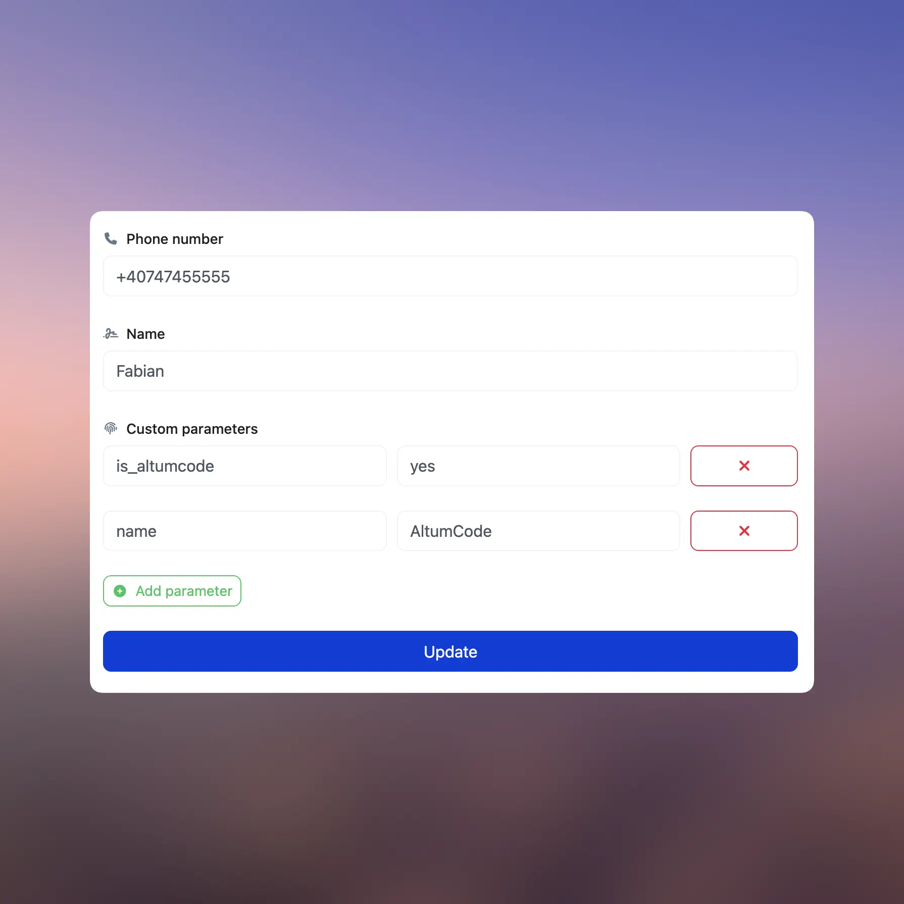 66text contact update page showing custom parameters feature