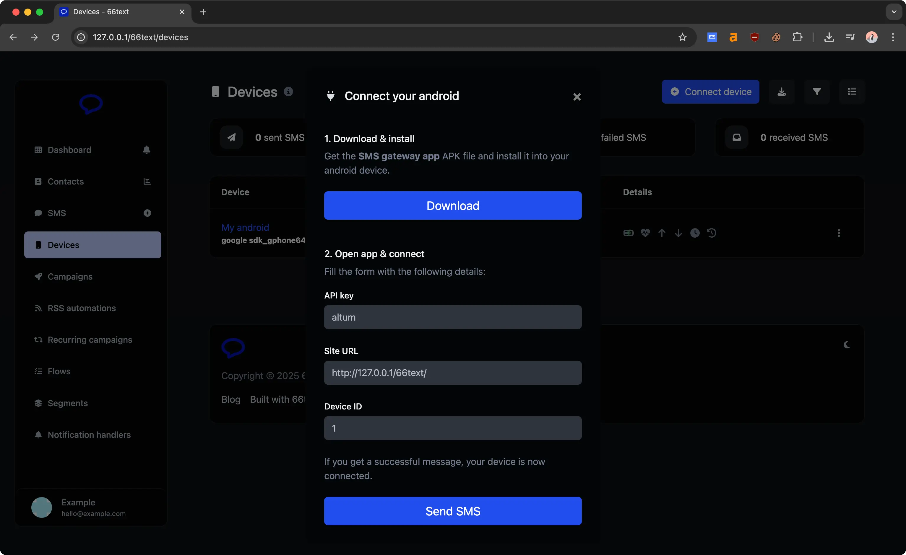 66text devices page showing the Android device connection modal