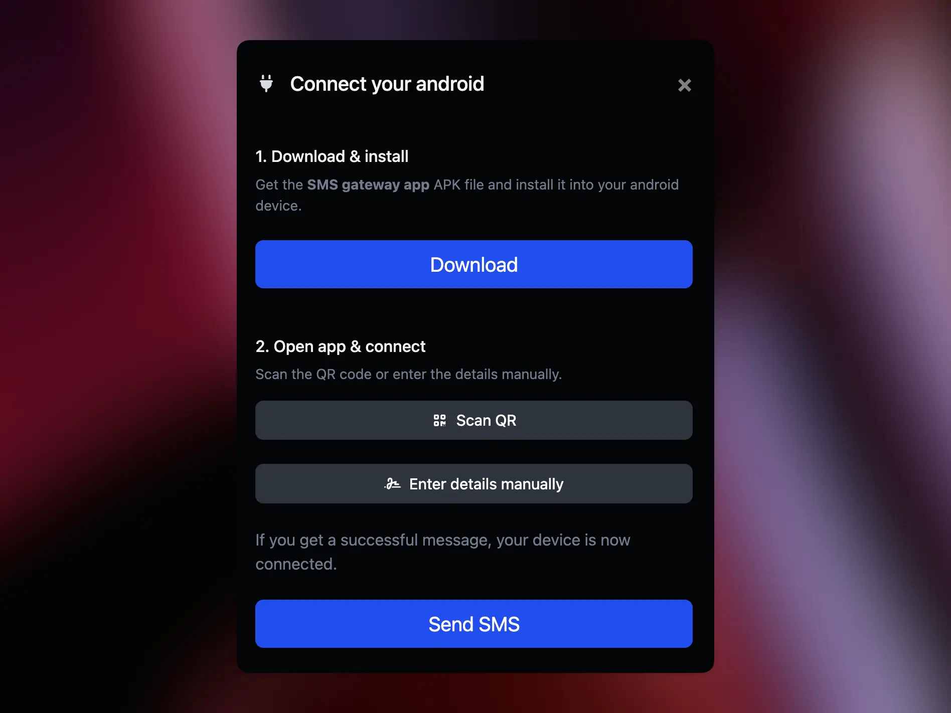 66text devices page showing the Android device connection modal