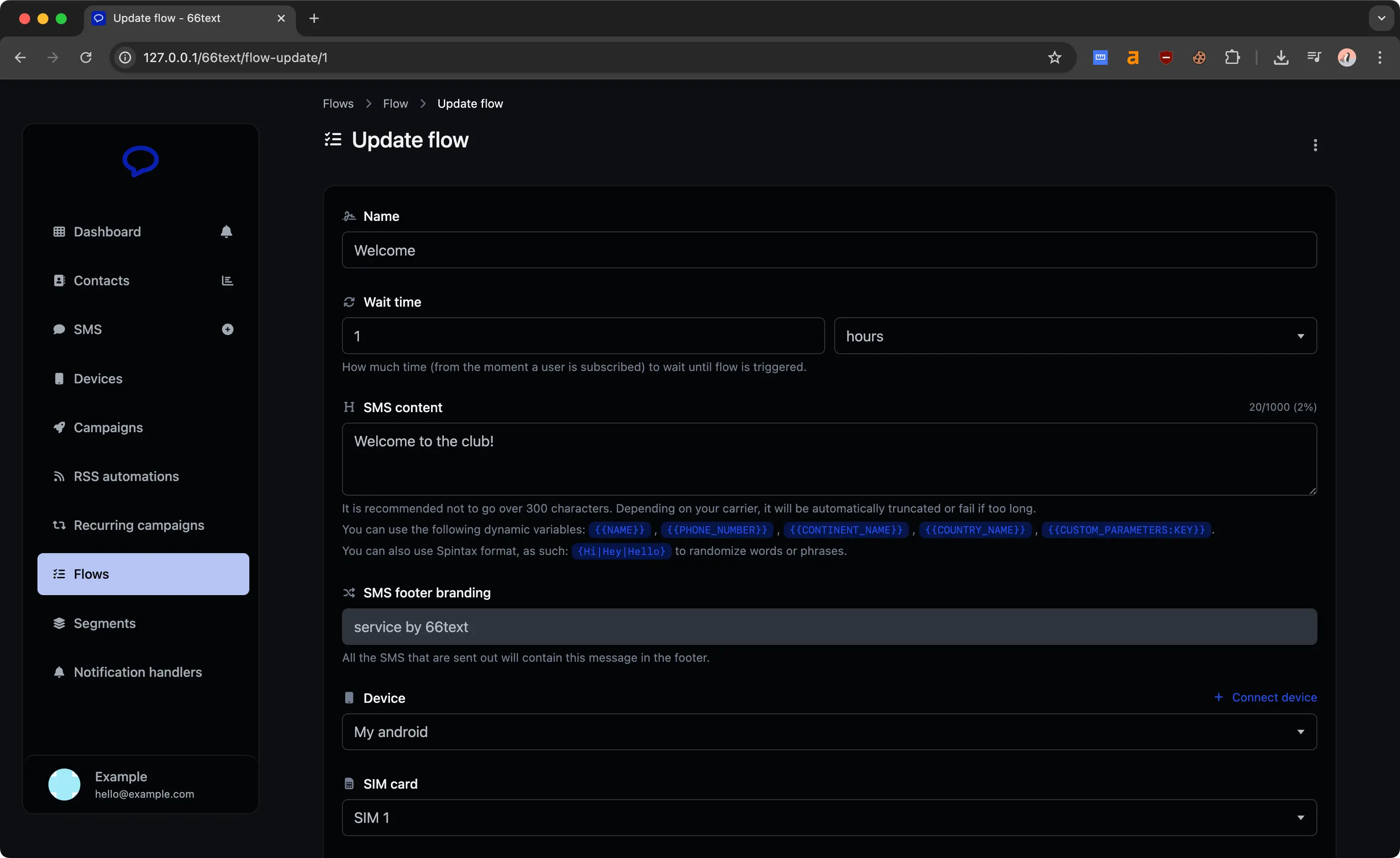 66text flows page showing the automated welcome SMS flow editor