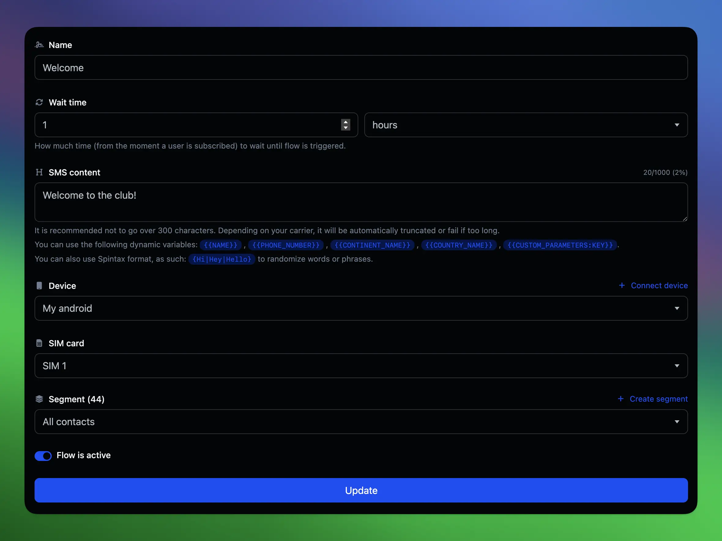 66text flows page showing the automated welcome SMS flow editor