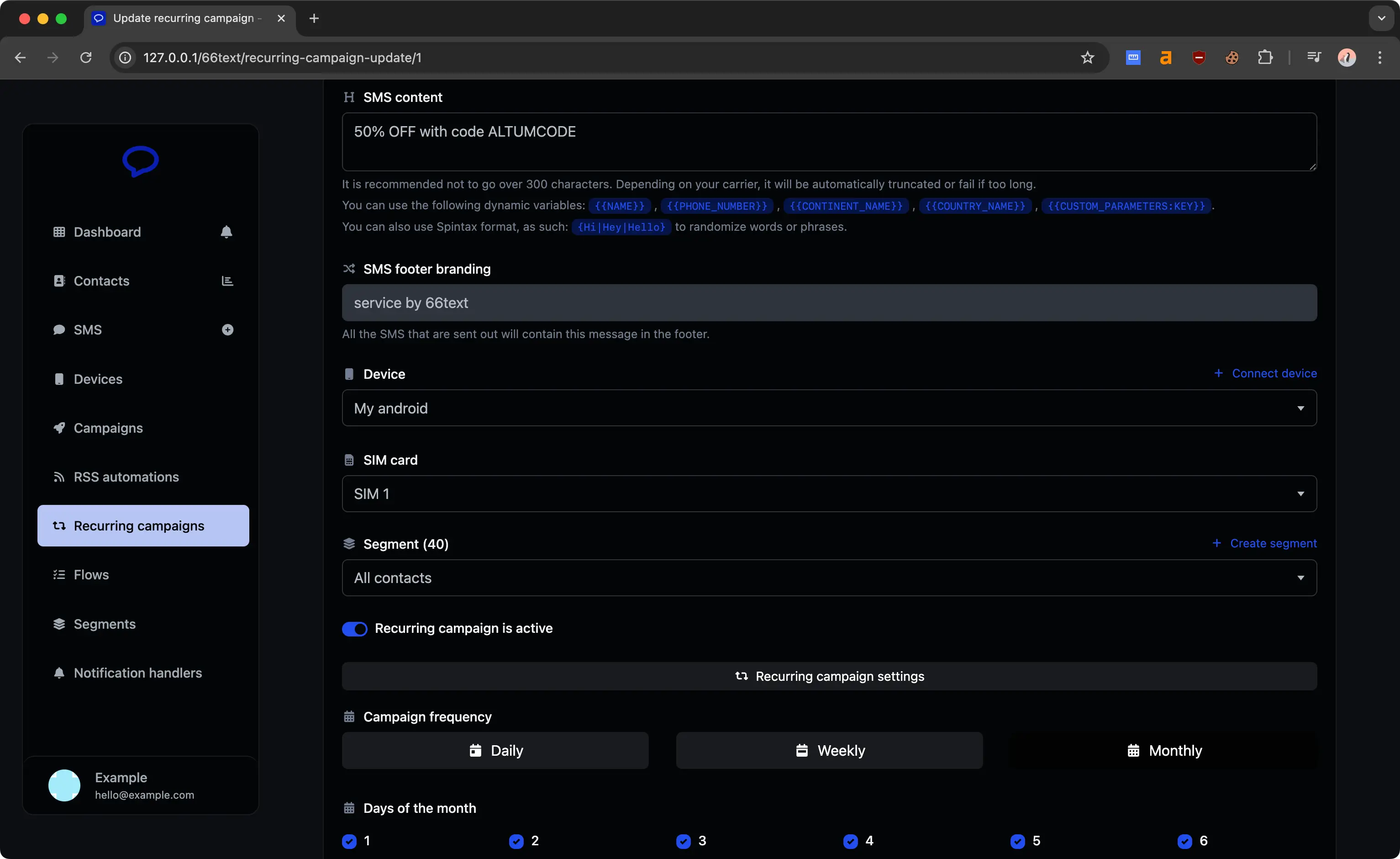 66text recurring campaigns page showing the recurring SMS campaign settings