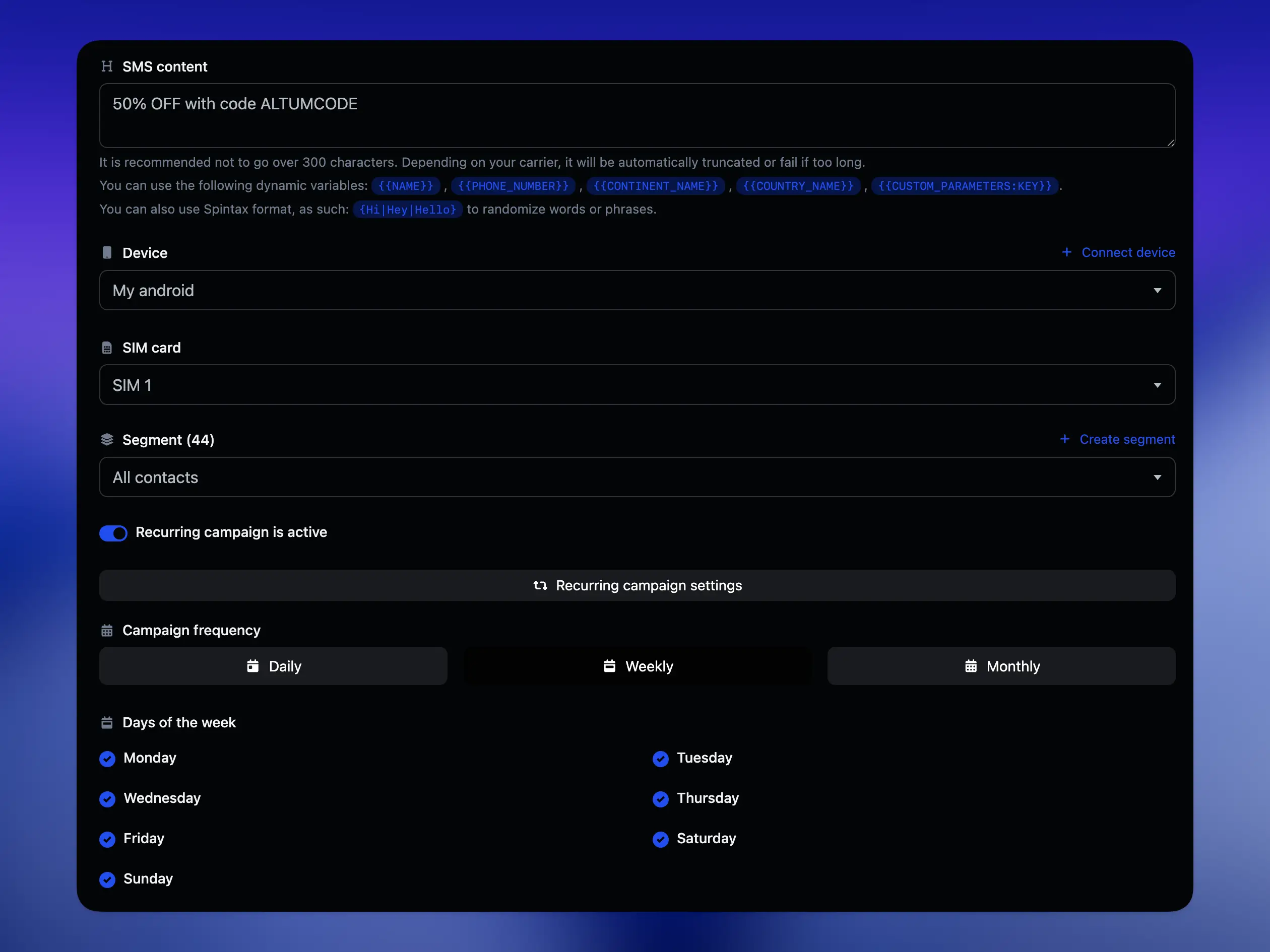 66text recurring campaigns page showing the recurring SMS campaign settings
