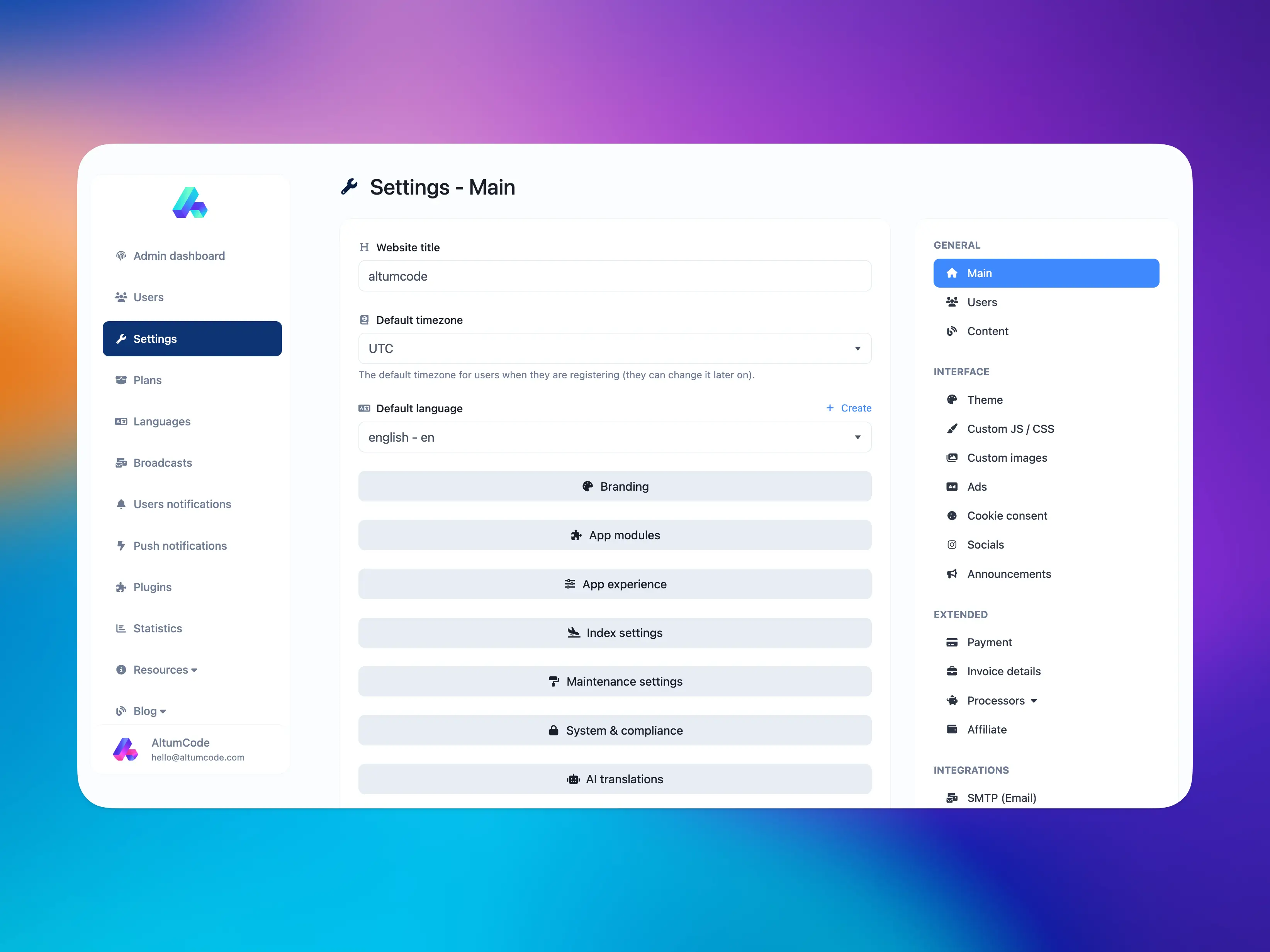66text admin panel showing the main settings page