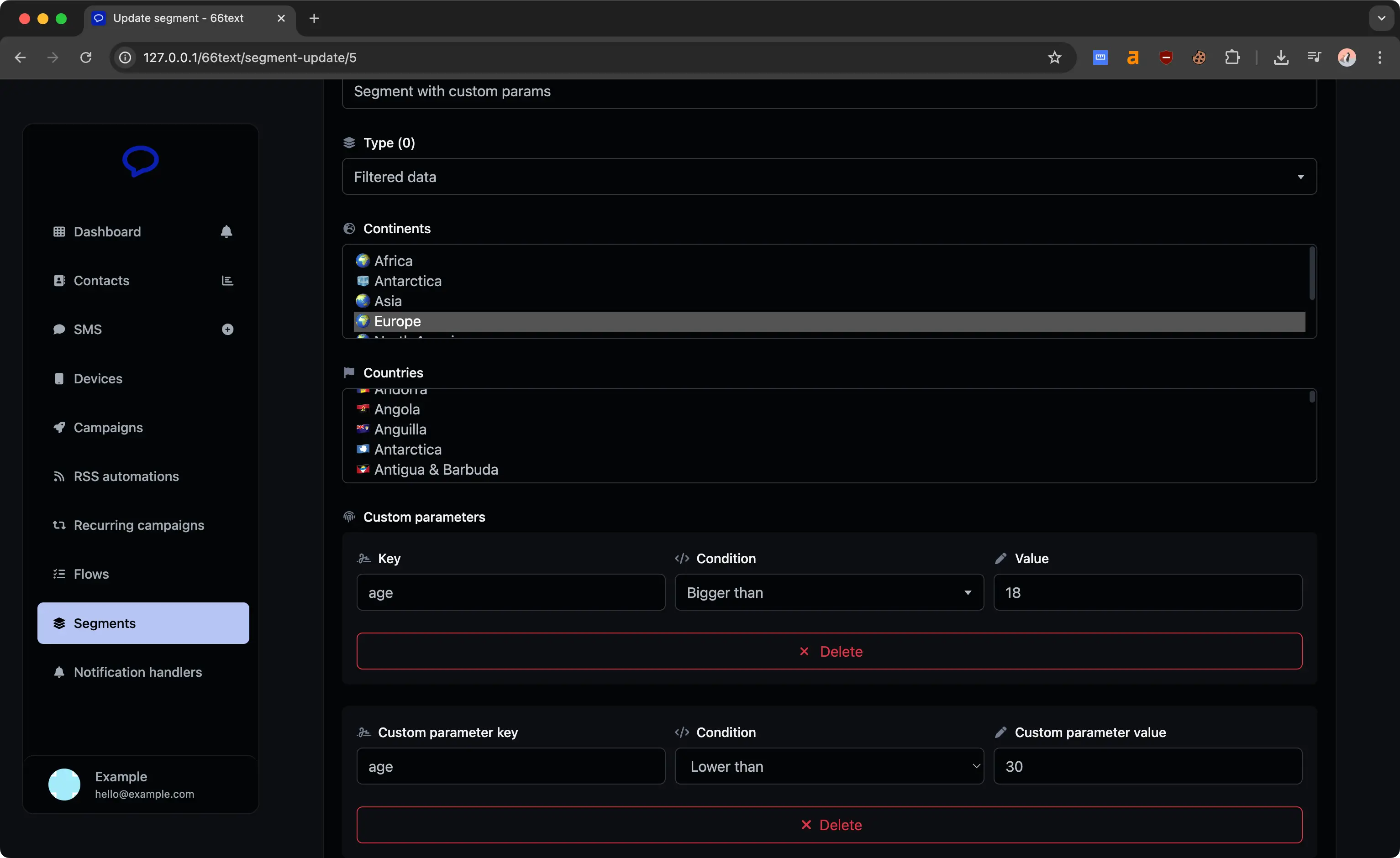 66text segments page showing advanced contact filtering options