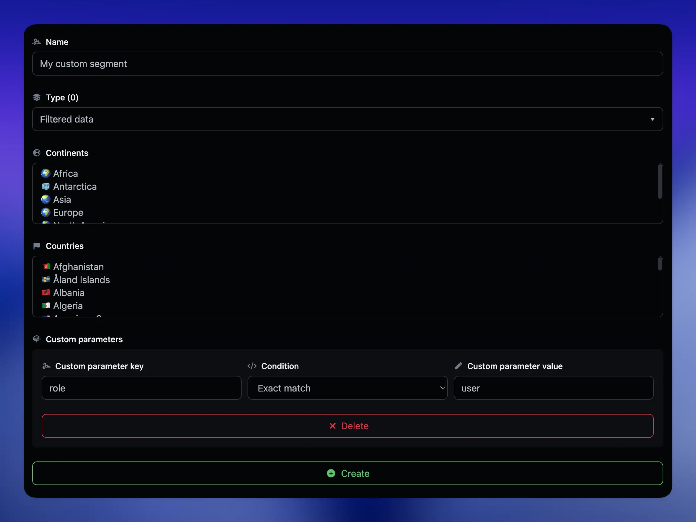 66text segments page showing advanced contact filtering options