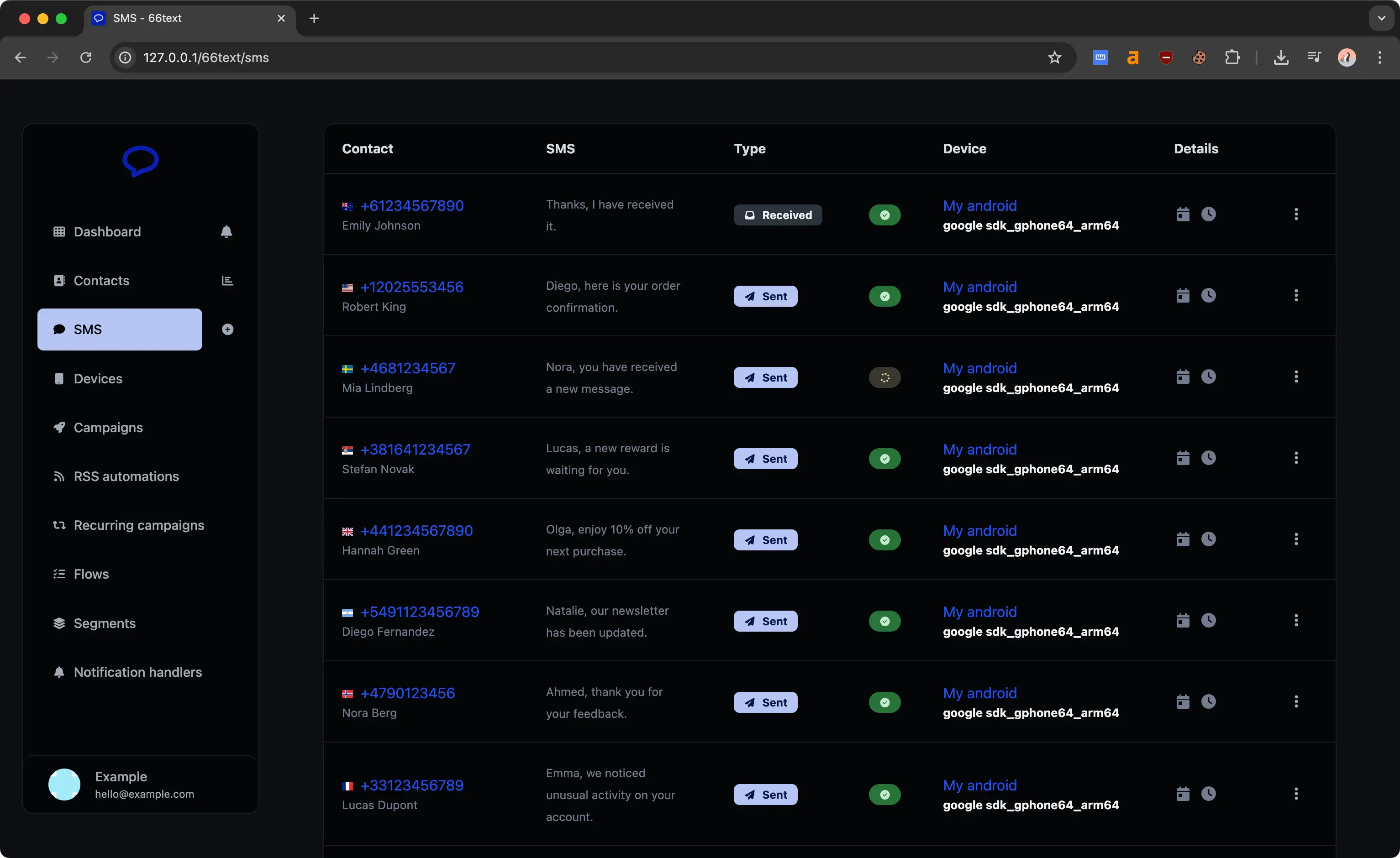 66text SMS page showing sent and received messages
