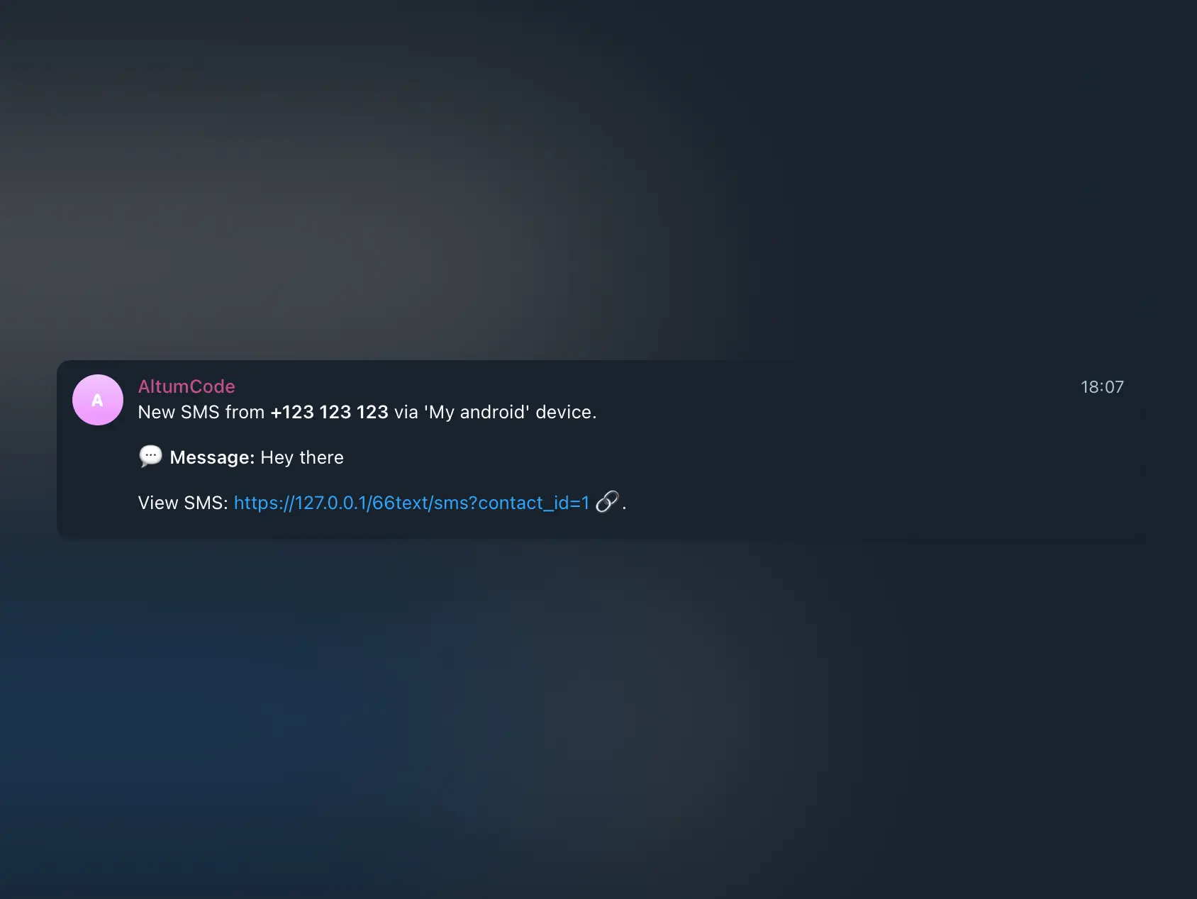 66text showing an telegram notification example for a new SMS