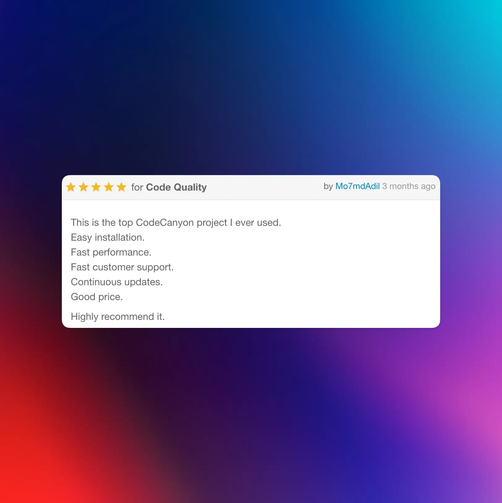 CodeCanyon review showing a 5-star rating for code quality